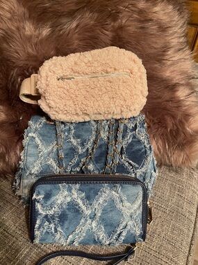Women’s Denim shoulder bag &matching wallet and Beige Sherpa belt bag